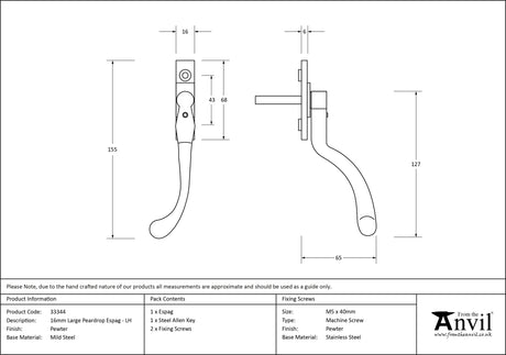 From The Anvil - Pewter Large 16mm Peardrop Espag - LH | Sku. 33344 | Trade Door Handles.