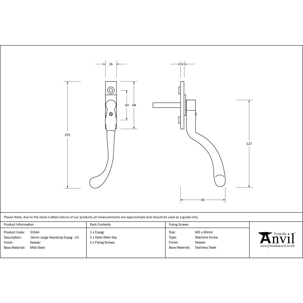 From The Anvil - Pewter Large 16mm Peardrop Espag - LH | Sku. 33344 | Trade Door Handles.