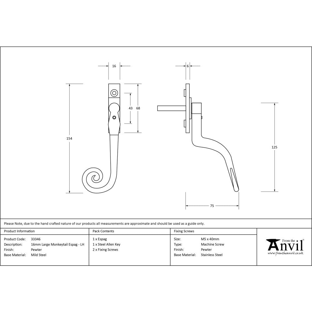 From The Anvil - Pewter Large 16mm Monkeytail Espag - LH | Sku. 33346 | Trade Door Handles.