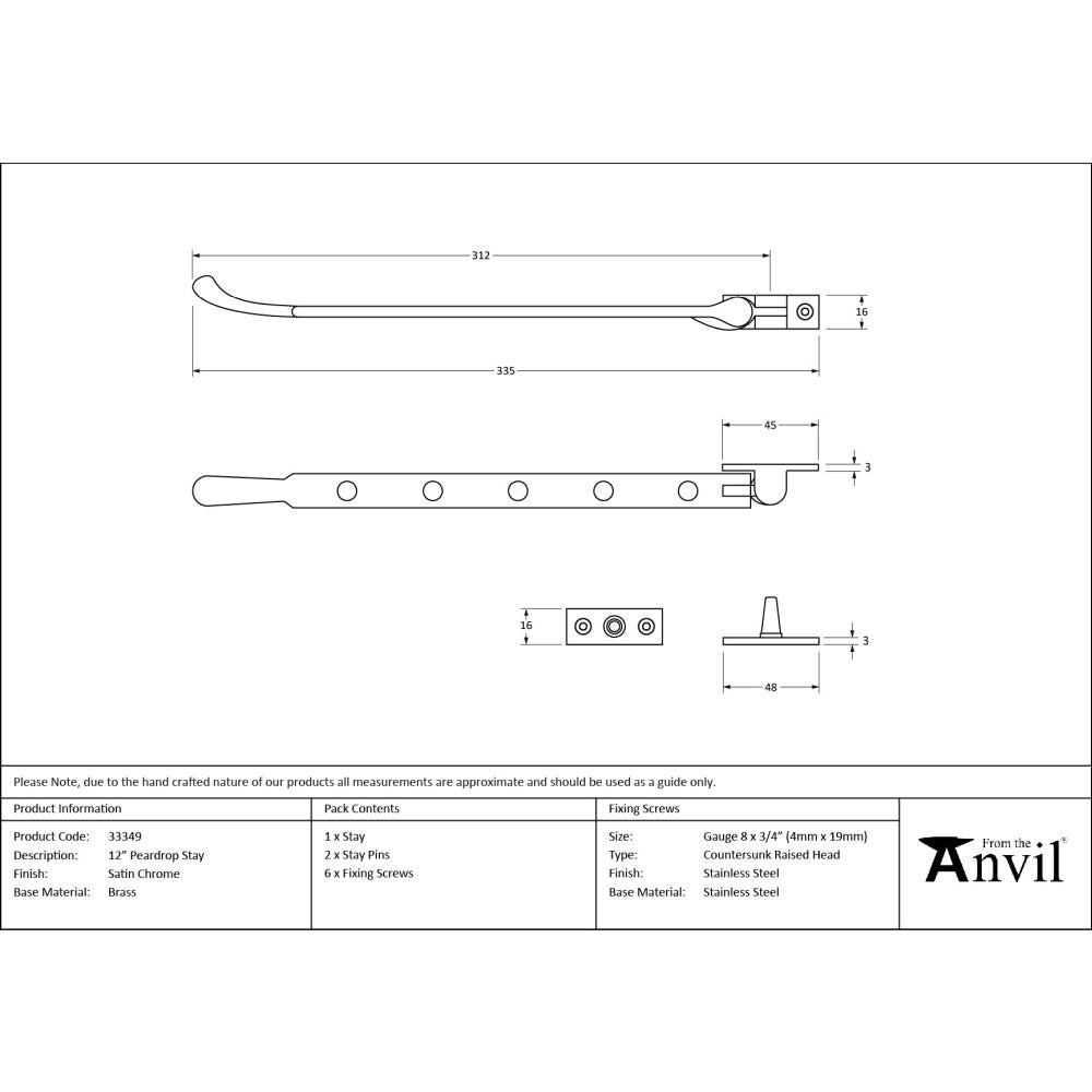 From The Anvil - Satin Chrome 12" Peardrop Stay | Sku. 33349 | Trade Door Handles.