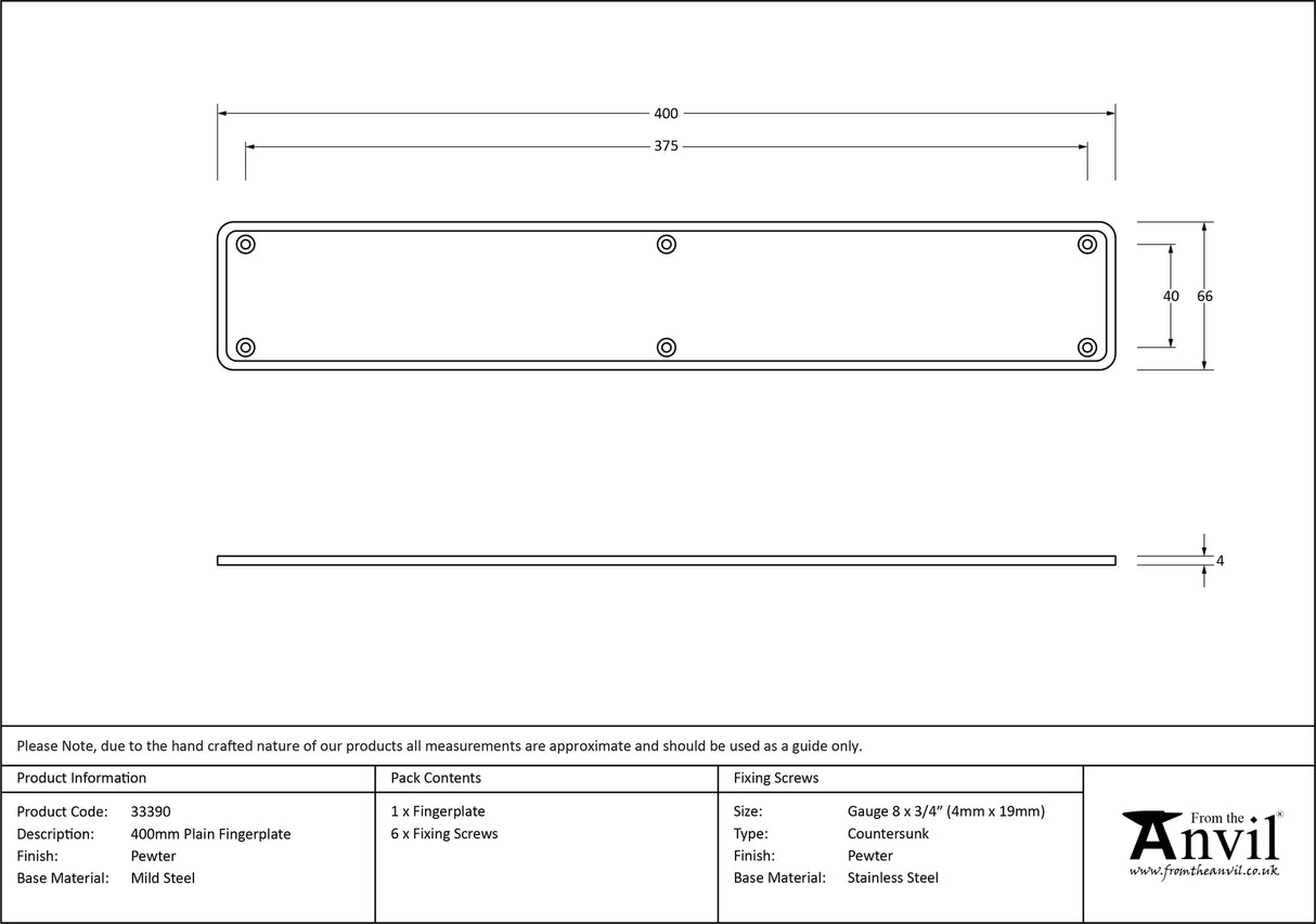 From The Anvil - Pewter 400mm Plain Fingerplate | Sku. 33390 | Trade Door Handles.