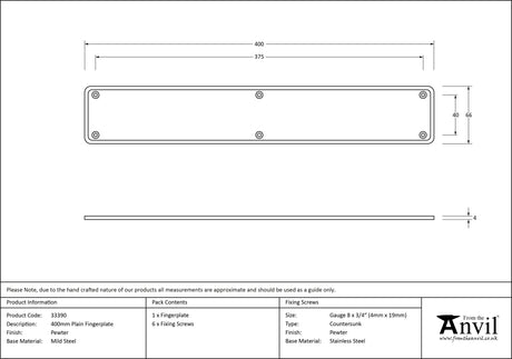 From The Anvil - Pewter 400mm Plain Fingerplate | Sku. 33390 | Trade Door Handles.