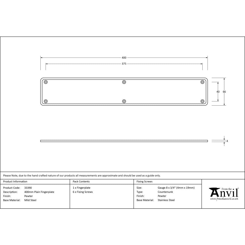 From The Anvil - Pewter 400mm Plain Fingerplate | Sku. 33390 | Trade Door Handles.