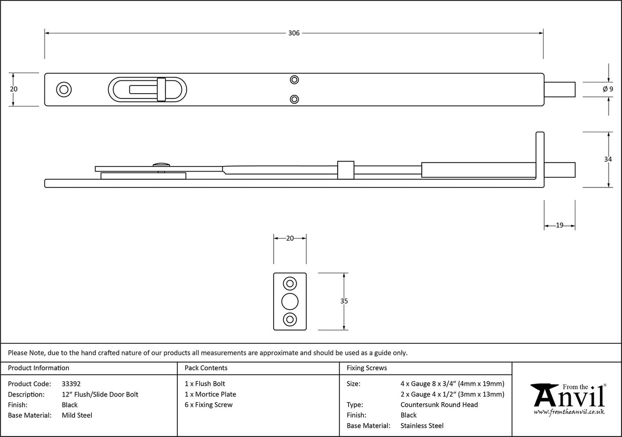From The Anvil - Black 12" Flush/Slide Door Bolt | Sku. 33392 | Trade Door Handles.