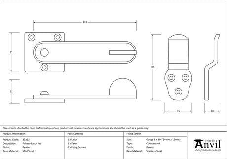 From The Anvil - Pewter Privacy Latch Set | Sku. 33393 | Trade Door Handles.