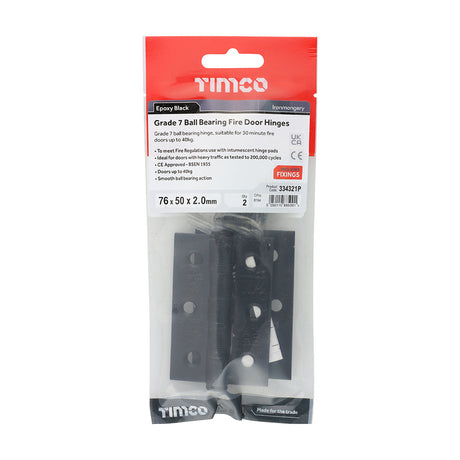 This is an image of Timco - Grade 7 Ball Bearing Fire Door Hinges - Epoxy Black 76 x 50 x 2.0 (1 Pairs TIMpac) 334321P