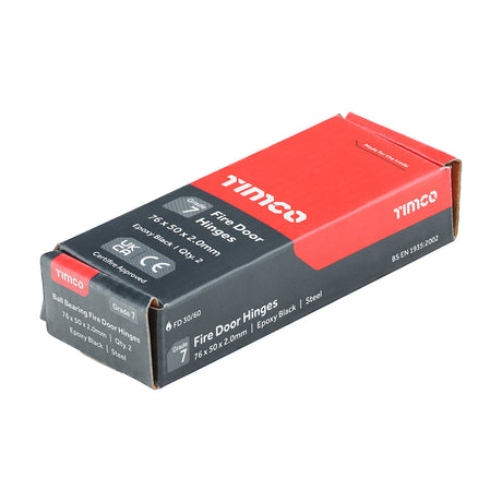 This is an image of Timco - Grade 7 Fire Door Hinges - Epoxy Black 76 x 50 x 2.0 (1 Pairs Box) 334321