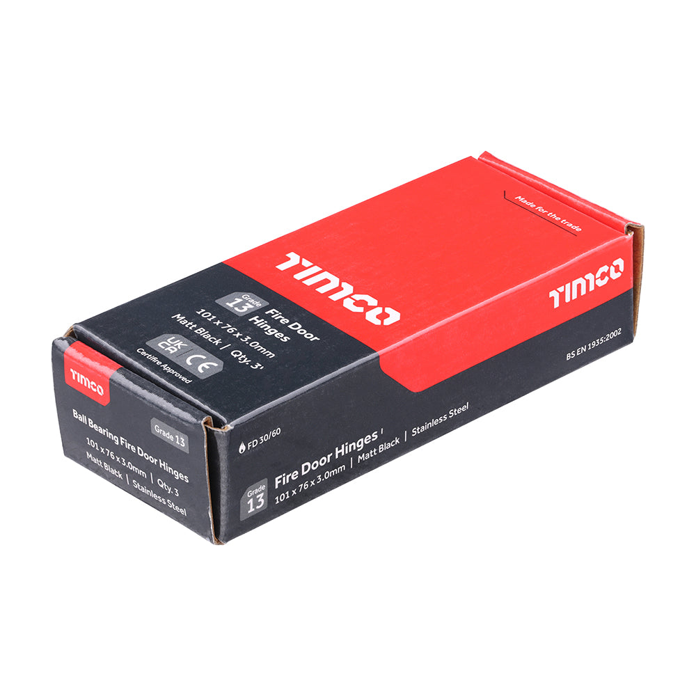 This is an image of Timco - Grade 13 Fire Door Hinges - Matt Black Stainless Steel 101 x 76 x 3 (1.5 Pairs Box) 334366