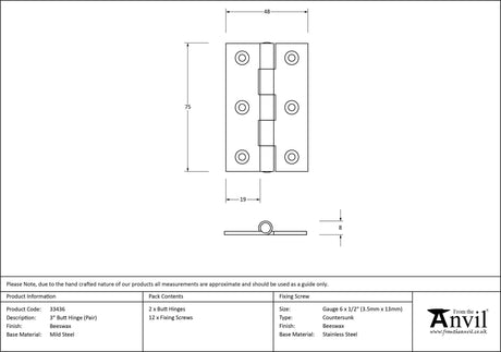 From The Anvil - Beeswax 3" Butt Hinge (pair) | Sku. 33436 | Trade Door Handles.