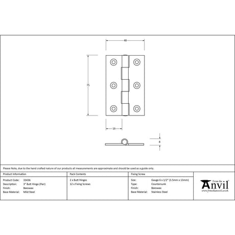 From The Anvil - Beeswax 3" Butt Hinge (pair) | Sku. 33436 | Trade Door Handles.