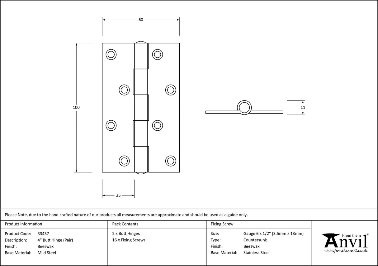 From The Anvil - Beeswax 4" Butt Hinge (pair) | Sku. 33437 | Trade Door Handles.