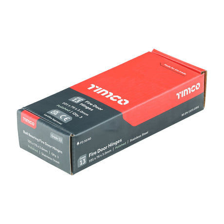 This is an image of Timco - Grade 13 Fire Door Hinges - Polished Stainless Steel 101 x 76 x 3 (1.5 Pairs Box) 334444