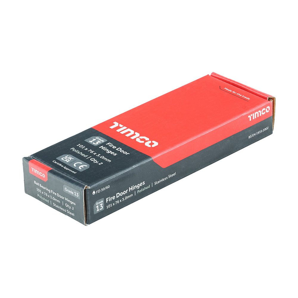 This is an image of Timco - Grade 13 Fire Door Hinges - Polished Stainless Steel 101 x 76 x 3 (1 Pairs Box) 334457