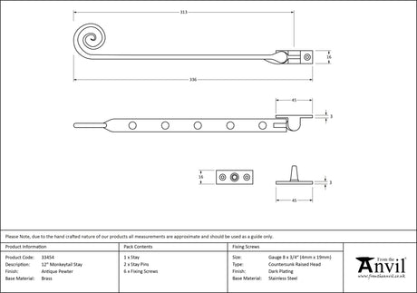 From The Anvil - Antique Pewter 12" Monkeytail Stay | Sku. 33454 | Trade Door Handles.