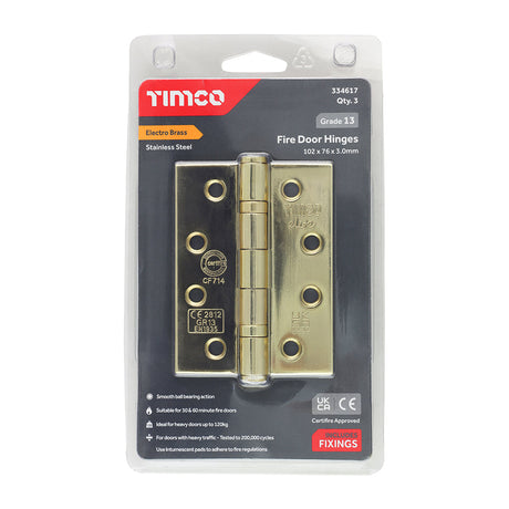 This is an image of Timco - Grade 13 Fire Door Hinges - Electro Brass Stainless Steel 101 x 76 x 3 (1.5 Pairs Blister Pack) 334617
