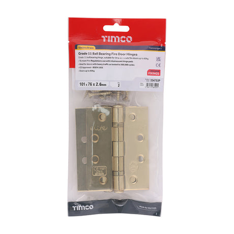 This is an image of Timco - Grade 11 Ball Bearing Fire Door Hinges - Electro Brass 101 x 76 x 2.6 (1 Pairs TIMbag) 334753P