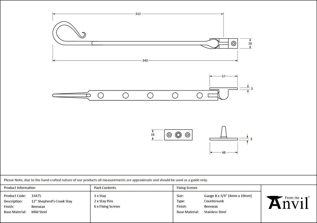 From The Anvil - Beeswax 12" Shepherd's Crook Stay | Sku. 33475 | Trade Door Handles.
