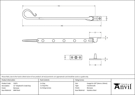 From The Anvil - Beeswax 12" Shepherd's Crook Stay | Sku. 33475 | Trade Door Handles.