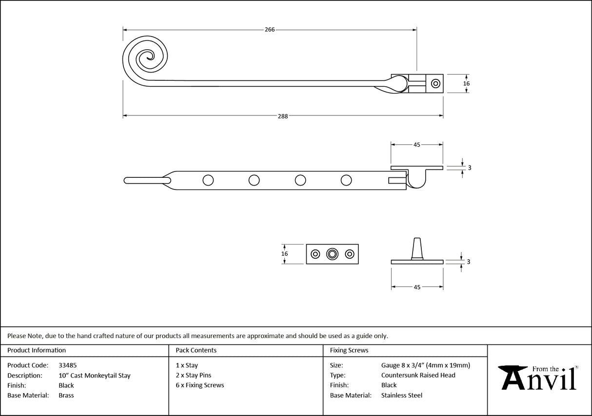 From The Anvil - Black 10" Cast Monkeytail Stay | Sku. 33485 | Trade Door Handles.