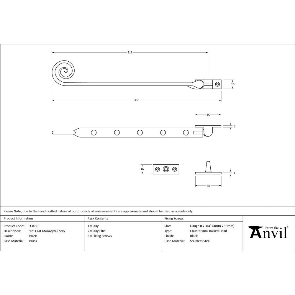 From The Anvil - Black 12" Cast Monkeytail Stay | Sku. 33486 | Trade Door Handles.