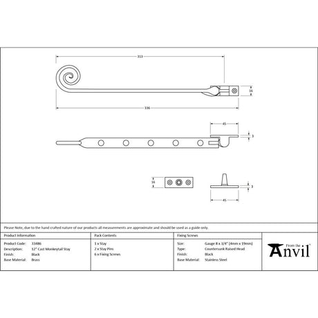From The Anvil - Black 12" Cast Monkeytail Stay | Sku. 33486 | Trade Door Handles.
