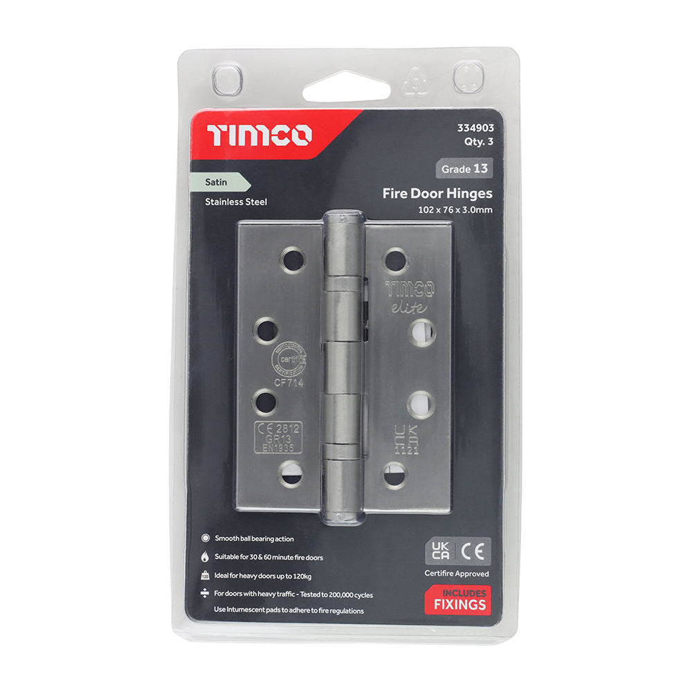 This is an image of Timco - Grade 13 Fire Door Hinges - Satin Stainless Steel 101 x 76 x 3 (1.5 Pairs Blister Pack) 334903