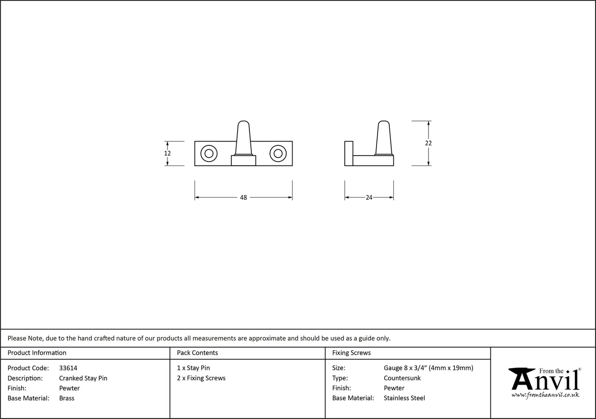 From The Anvil - Pewter Cranked Stay Pin | Sku. 33614 | Trade Door Handles.
