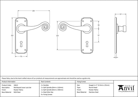 From The Anvil - Pewter Monkeytail Lever Lock Set | Sku. 33615 | Trade Door Handles.
