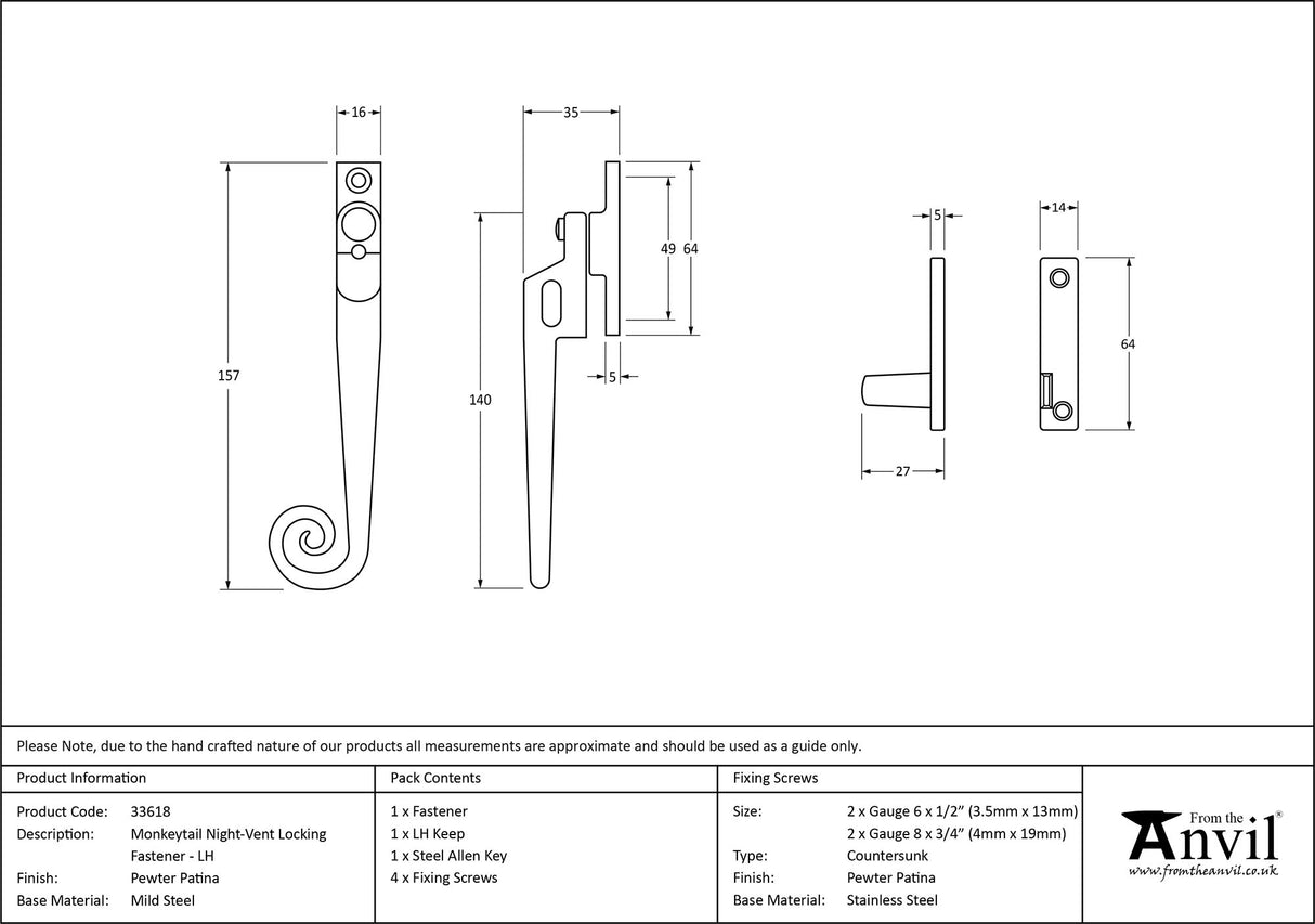 From The Anvil - Pewter Locking Night-Vent Monkeytail Fastener - LH | Sku. 33618 | Trade Door Handles.