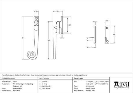 From The Anvil - Pewter Locking Night-Vent Monkeytail Fastener - LH | Sku. 33618 | Trade Door Handles.