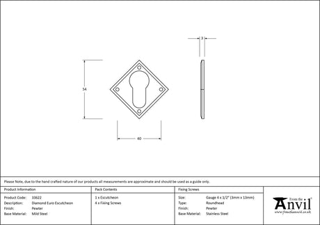 From The Anvil - Pewter Diamond Euro Escutcheon | Sku. 33622 | Trade Door Handles.