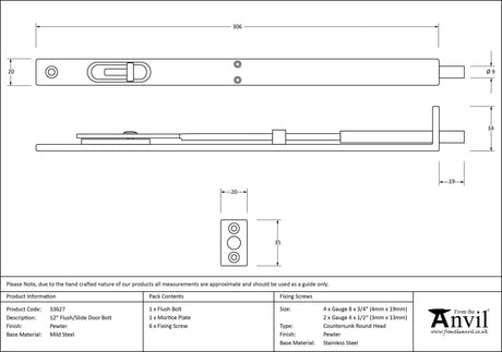 From The Anvil - Pewter 12'' Flush/Slide Door Bolt | Sku. 33627 | Trade Door Handles.