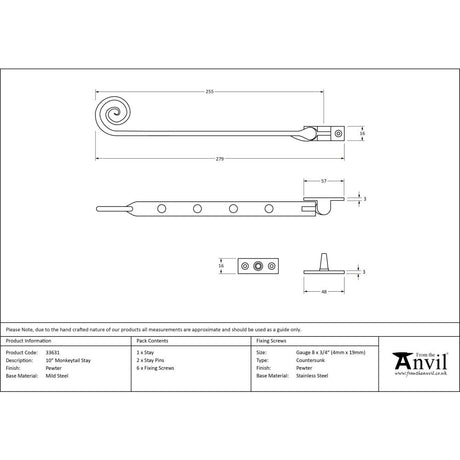 From The Anvil - Pewter 10" Monkeytail Stay | Sku. 33631 | Trade Door Handles.