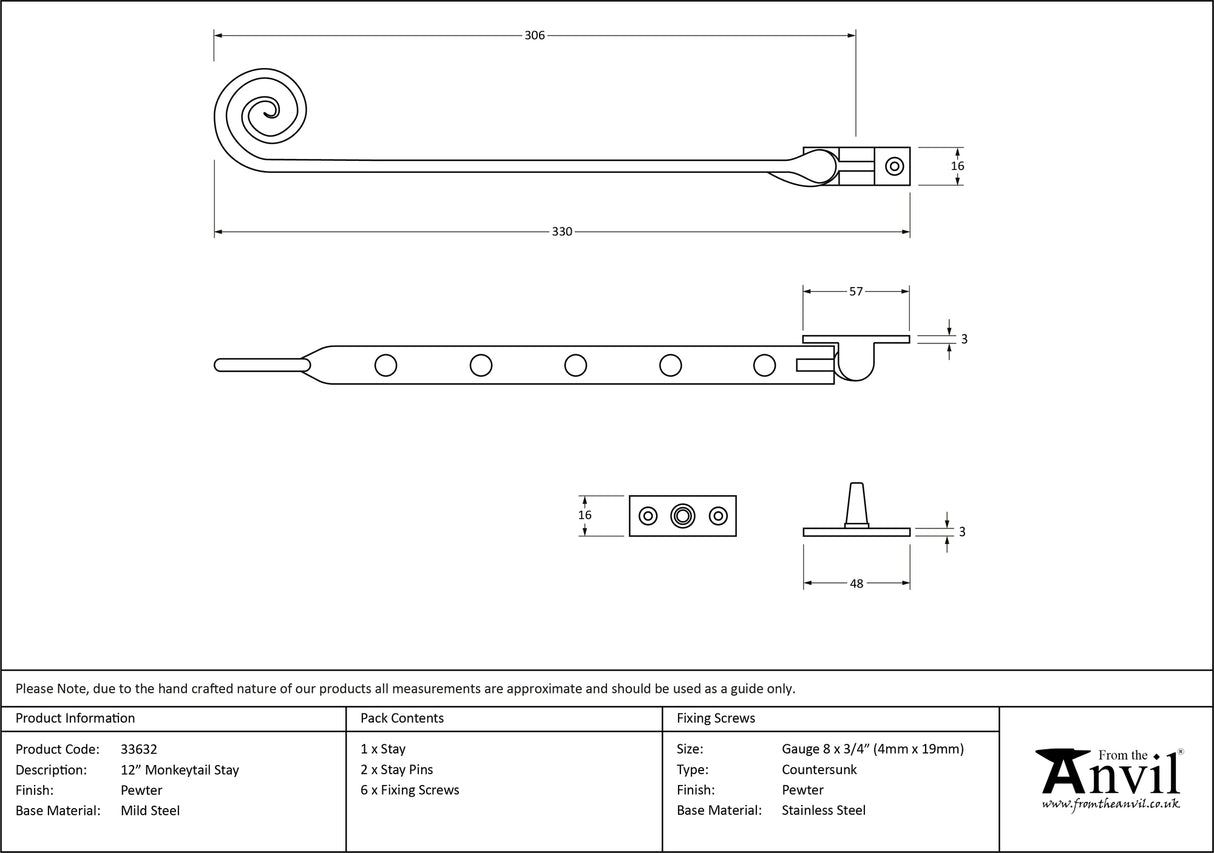 From The Anvil - Pewter 12" Monkeytail Stay | Sku. 33632 | Trade Door Handles.