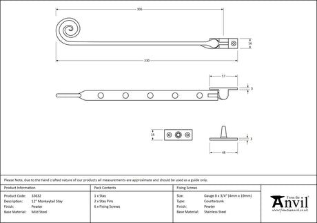From The Anvil - Pewter 12" Monkeytail Stay | Sku. 33632 | Trade Door Handles.