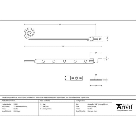 From The Anvil - Pewter 12" Monkeytail Stay | Sku. 33632 | Trade Door Handles.