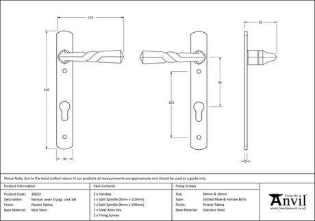 From The Anvil - Pewter Narrow Lever Espag. Lock Set | Sku. 33633 | Trade Door Handles.