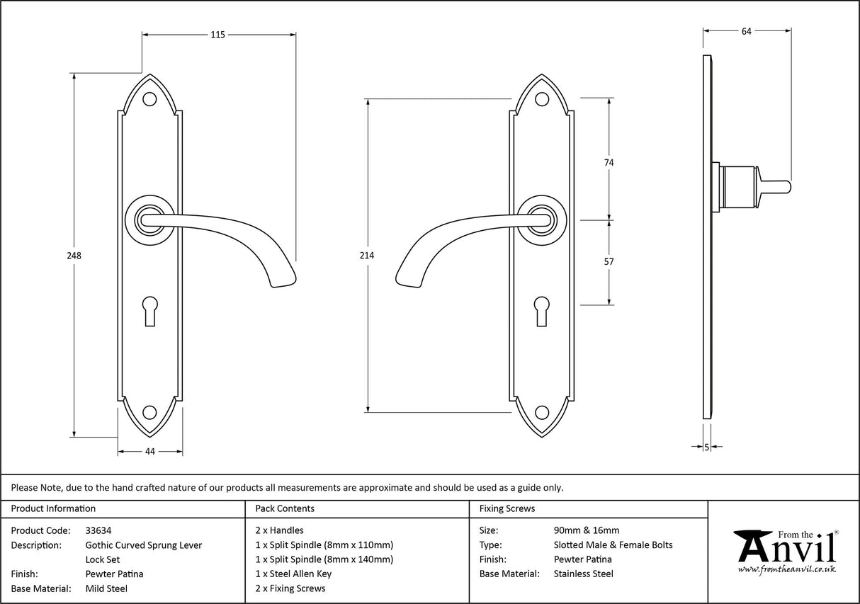 From The Anvil - Pewter Gothic Curved Sprung Lever Lock Set | Sku. 33634 | Trade Door Handles.