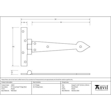 From The Anvil - Pewter 6" Arrow Head T Hinge (pair) | Sku. 33651 | Trade Door Handles.