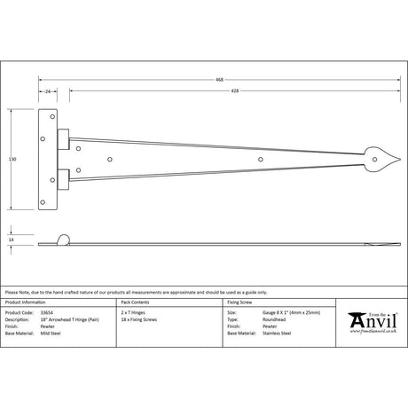 From The Anvil - Pewter 18" Arrow Head T Hinge (pair) | Sku. 33654 | Trade Door Handles.