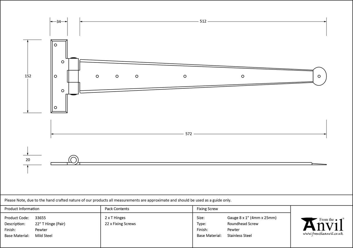 From The Anvil - Pewter 22" Penny End T Hinge (pair) | Sku. 33655 | Trade Door Handles.