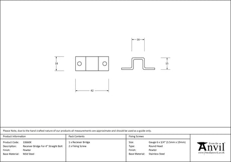 From The Anvil - Pewter Receiver Bridge For 4" Straight Bolt | Sku. 33660K | Trade Door Handles.