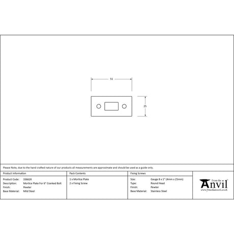 From The Anvil - Pewter Mortice Plate For 6" Cranked Bolt | Sku. 33662K | Trade Door Handles.