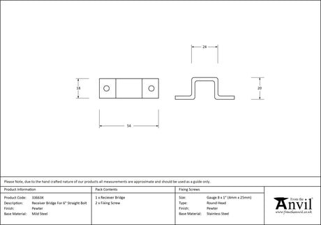 From The Anvil - Pewter Receiver Bridge For 6" Straight Bolt | Sku. 33663K | Trade Door Handles.