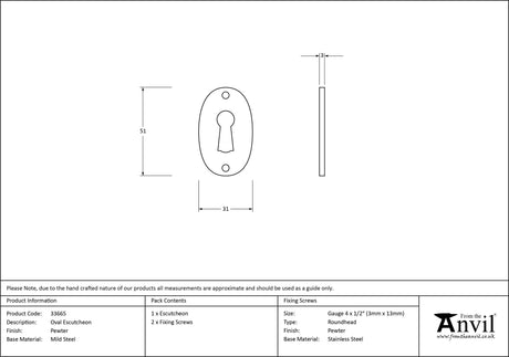 From The Anvil - Pewter Oval Escutcheon | Sku. 33665 | Trade Door Handles.