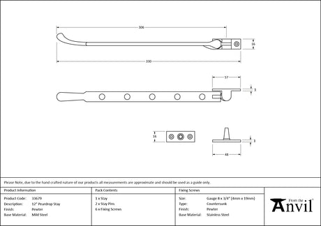 From The Anvil - Pewter 12" Peardrop Stay | Sku. 33679 | Trade Door Handles.