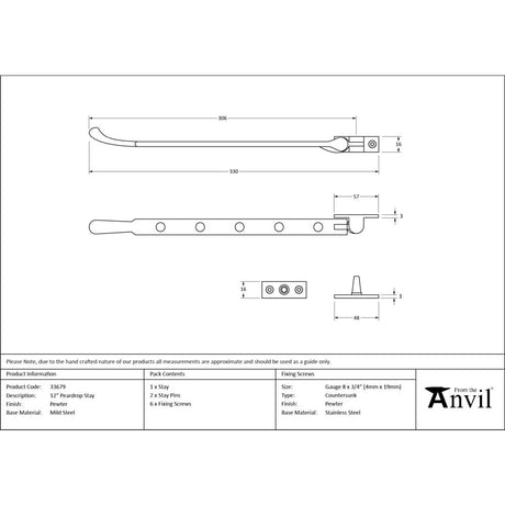 From The Anvil - Pewter 12" Peardrop Stay | Sku. 33679 | Trade Door Handles.