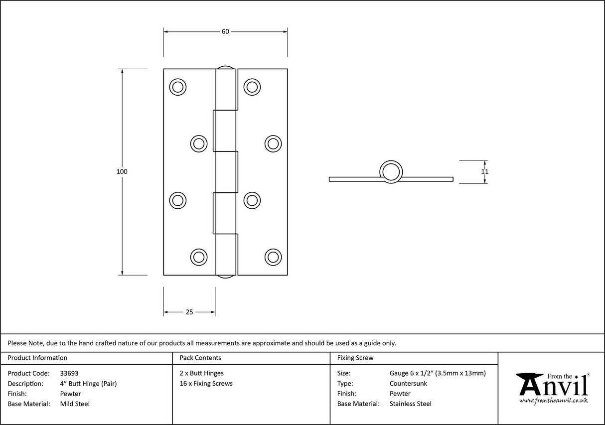 From The Anvil - Pewter 4" Butt Hinge (pair) | Sku. 33693 | Trade Door Handles.
