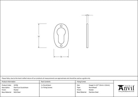 From The Anvil - Pewter Oval Euro Escutcheon | Sku. 33706 | Trade Door Handles.