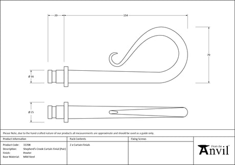 From The Anvil - Pewter Shepherd's Crook Curtain Finial (pair) | Sku. 33708 | Trade Door Handles.